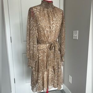 Alex Marie Leopard Print Long Sleeve Tie-Waist Dress — Brown/Cream